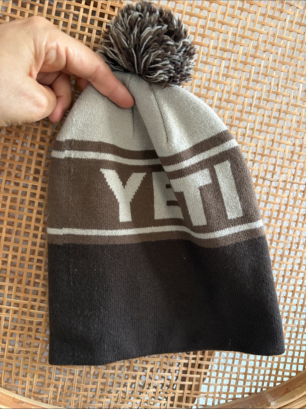 Yeti Brown and Light Gray Pom Pom Knit Beanie